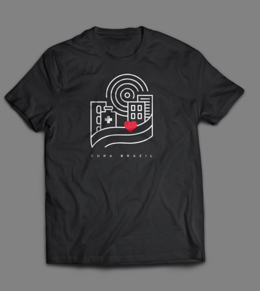 Black short sleeve shirt with white line illustration, 'CURA Brazil' Text, and red heart.