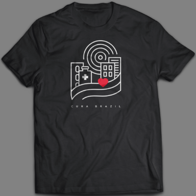 Black short sleeve shirt with white line illustration, 'CURA Brazil' Text, and red heart.